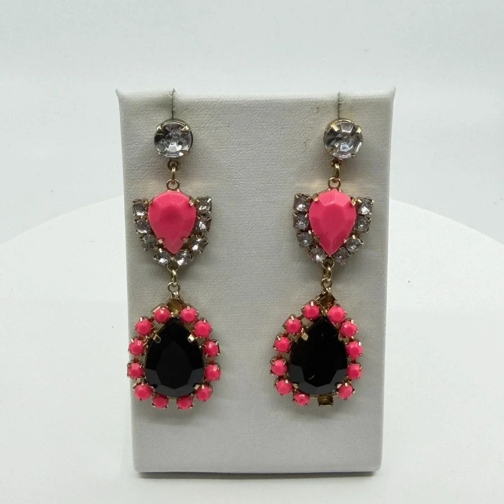 Earrings Neon Pink Black Rhinestone Teardrop Dangle Gold Tone Bold Statement